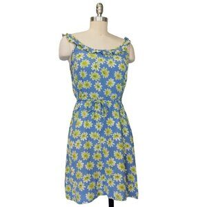 Vintage 90s Floral Print Dress Size S Blue Daisy Ruffle Rayon Grunge 1990s
